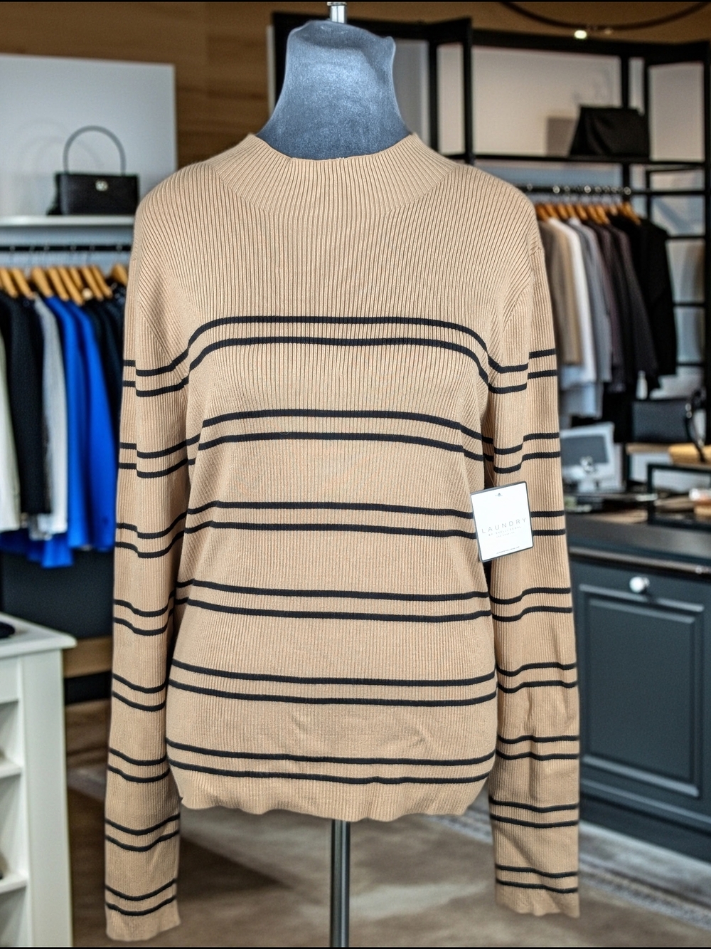 Laundry by Shelli Segal Camel Black Stripe Knit Crewneck Sweater Women's XL